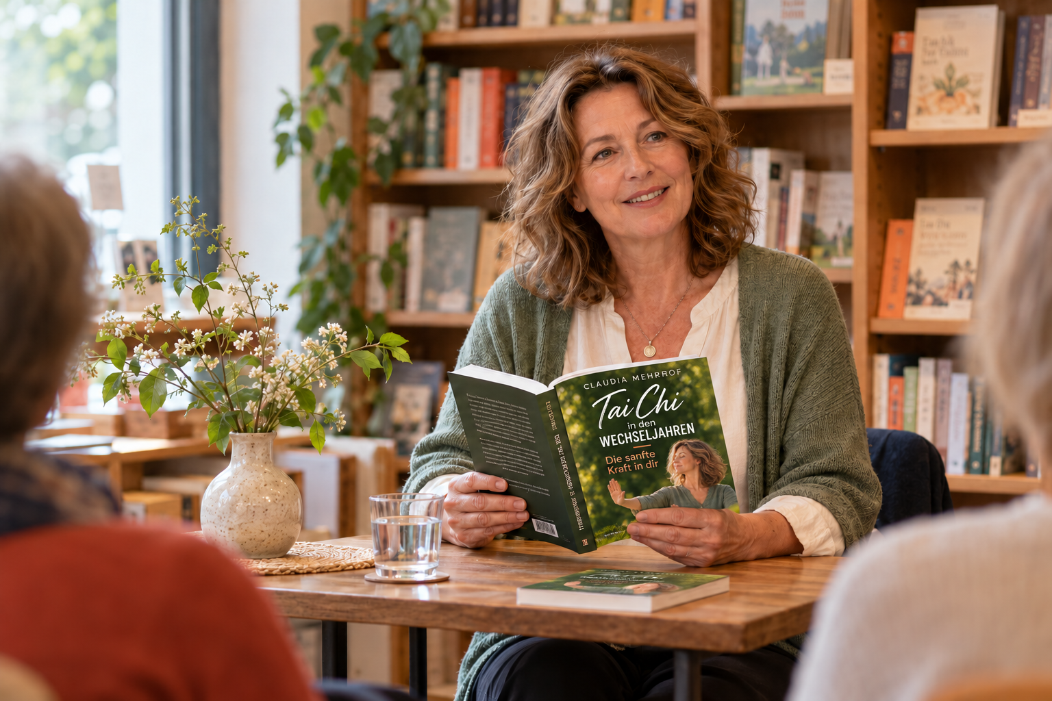 Inszenierte Lesungsszene mit der Autorenfigur Claudia Mehrhof und dem Buch Tai Chi in den Wechseljahren.